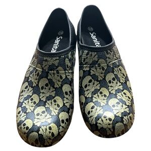 Sanita Black and Gold Skull Clogs size 38/7.5-8